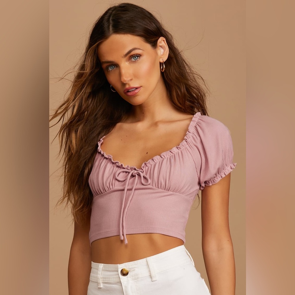 Lulus Pink Puff Sleeve Ruffled Crop Top XS